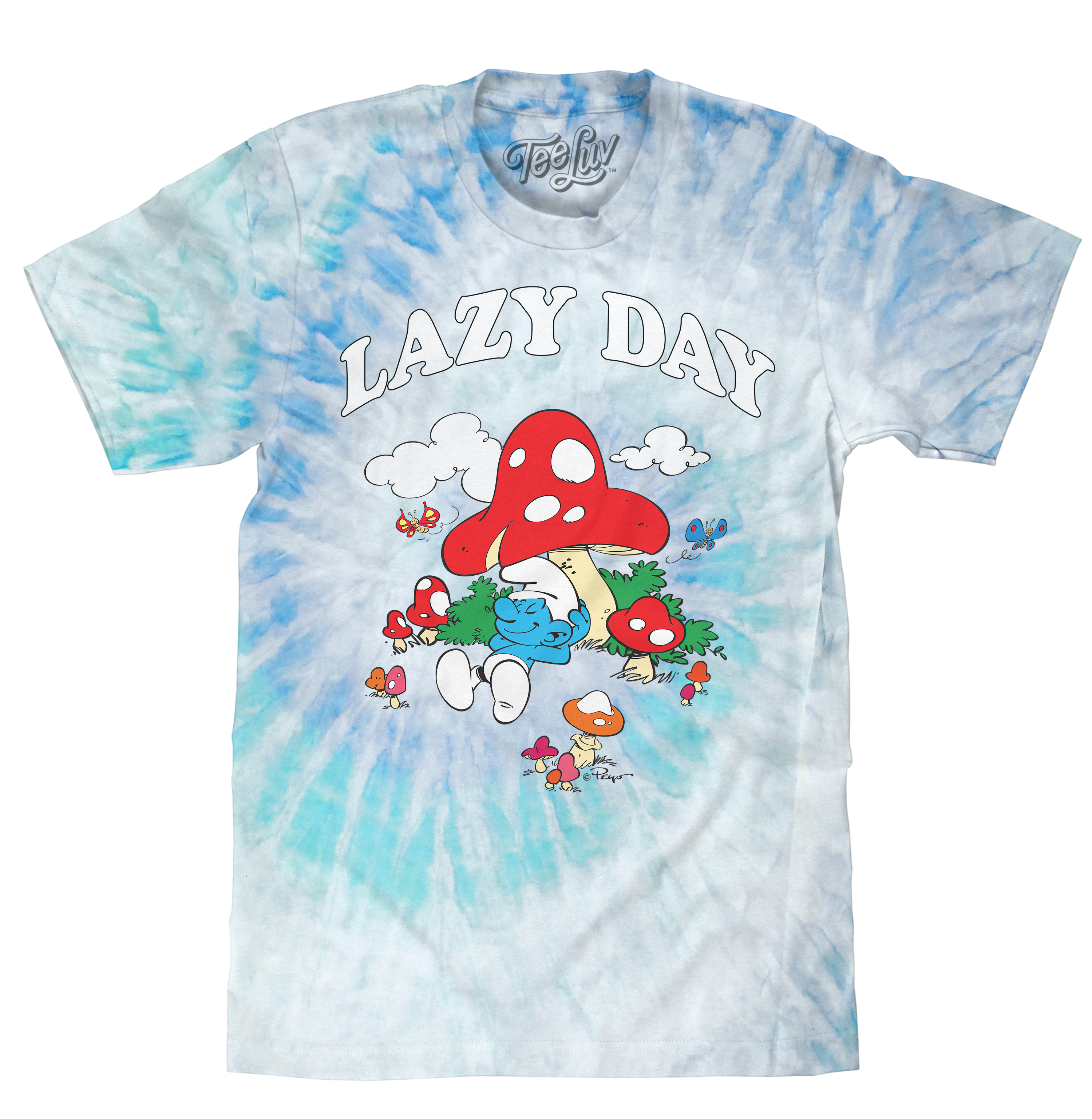Blue tie-dye graphic T-shirt featuring a Smurf relaxing under mushrooms with “Lazy Day” text