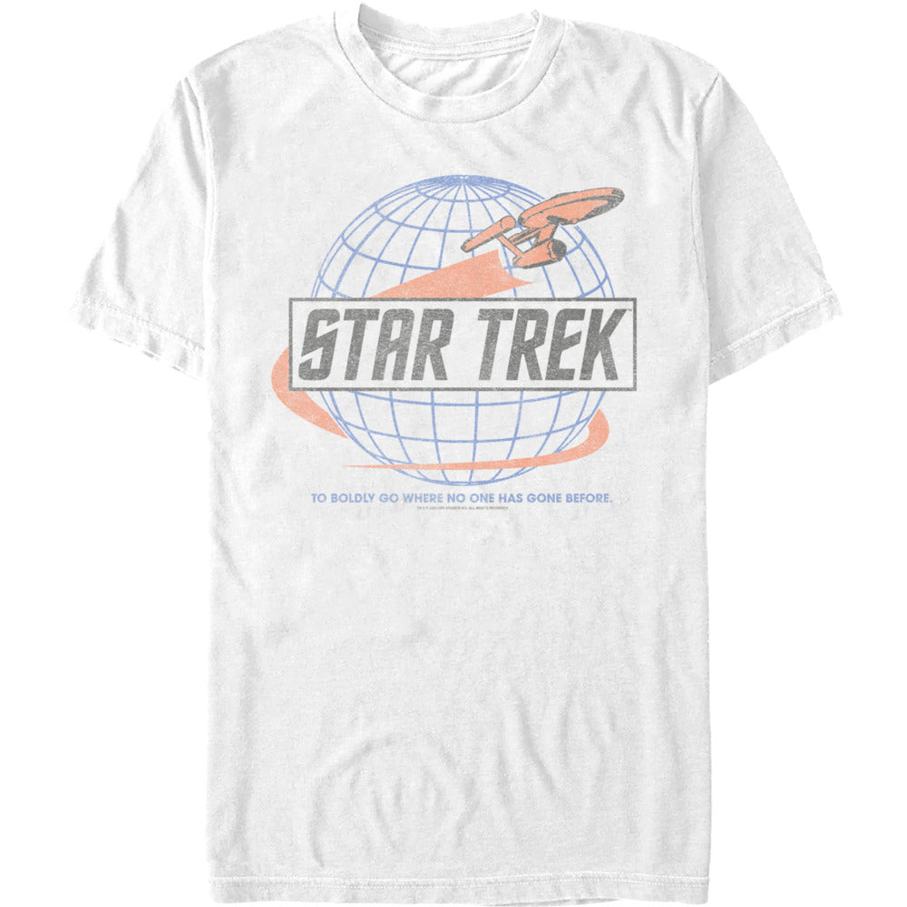 White Star Trek graphic t-shirt featuring the USS Enterprise with retro globe artwork and classic sci-fi styling