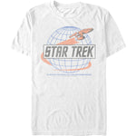White Star Trek graphic t-shirt featuring the USS Enterprise with retro globe artwork and classic sci-fi styling