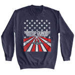 Navy Top Gun sweatshirt with distressed American flag and fighter jet graphic.