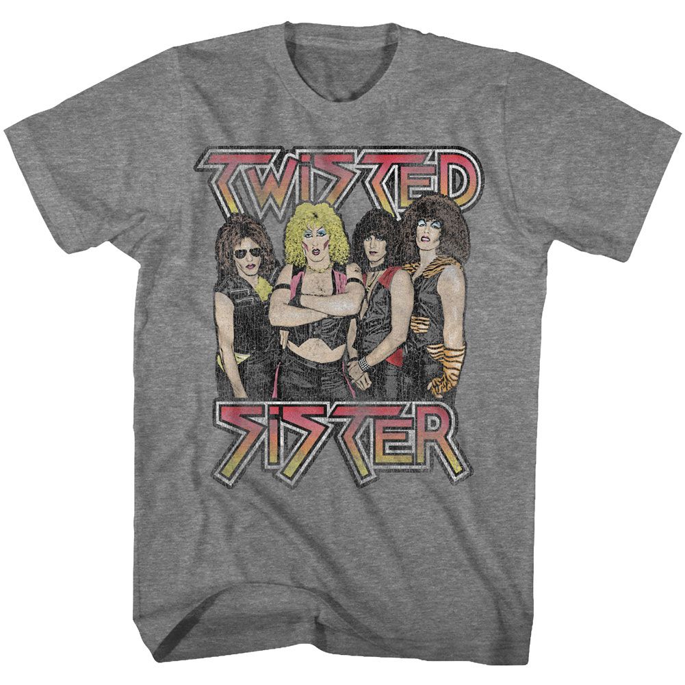 Heather grey T-shirt featuring Twisted Sister band photo graphic with distressed red-and-yellow outlined logo.