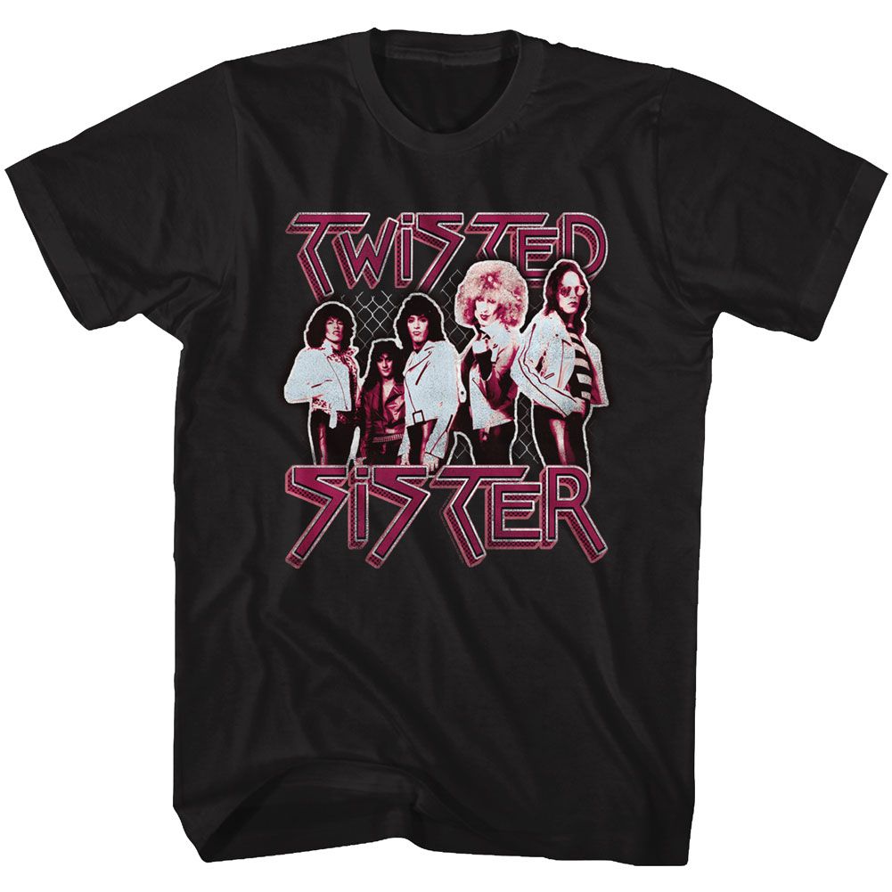 Black T-shirt featuring Twisted Sister band photo with pink-outlined logo and chain-link backdrop.