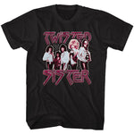 Black T-shirt featuring Twisted Sister band photo with pink-outlined logo and chain-link backdrop.