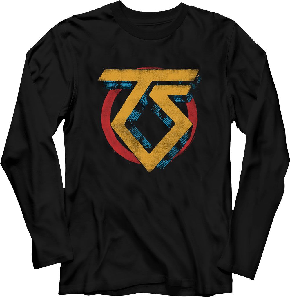 Black long sleeve shirt featuring distressed Twisted Sister “TS” emblem in yellow, blue, and red circle.