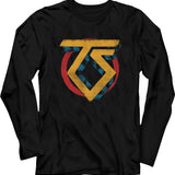 Black long sleeve shirt featuring distressed Twisted Sister “TS” emblem in yellow, blue, and red circle.