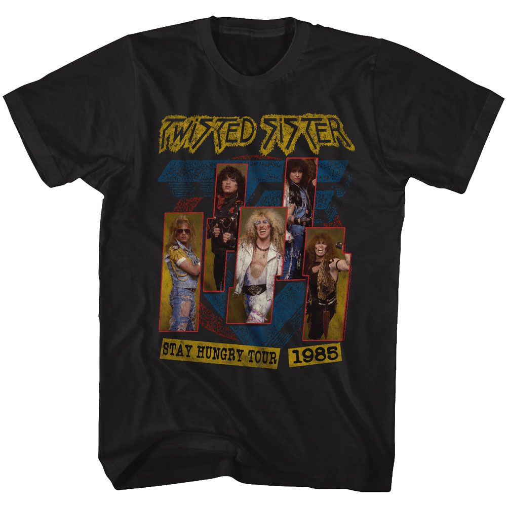 Black T-shirt featuring Twisted Sister 1985 Stay Hungry Tour collage with distressed yellow logo and blue TS emblem.