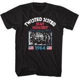 Black T-shirt featuring Twisted Sister “Stay Hungry” 1984 graphic with band photo, red lettering, and USA flag accents.