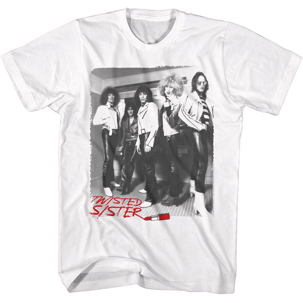White T-shirt featuring black-and-white Twisted Sister band photo with red lipstick-style script logo and lipstick graphic.