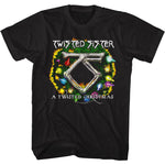 Black t-shirt featuring the Twisted Sister TS logo inside a colorful Christmas wreath with glowing lights and the text “A Twisted Christmas.”