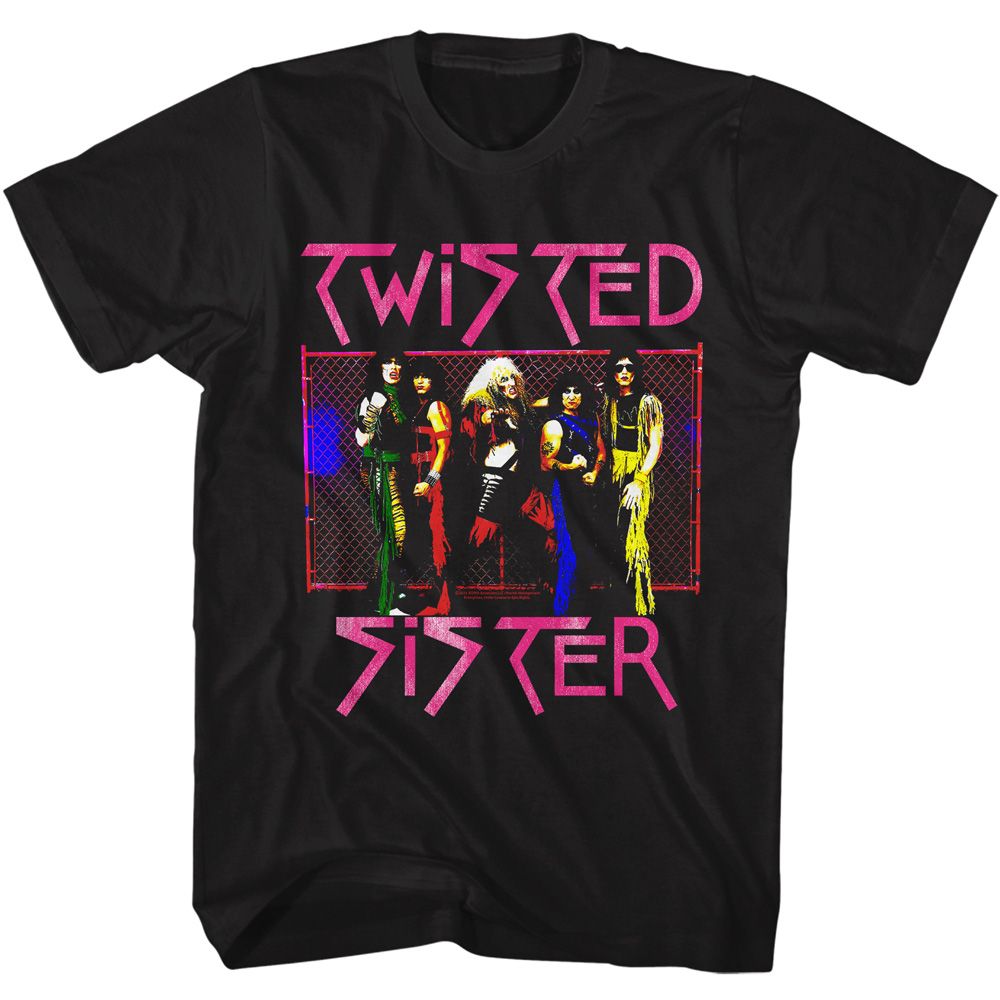 Black T-shirt featuring neon-colored Twisted Sister band photo framed in pink with distressed pink logo text above and below.