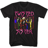 Black T-shirt featuring neon-colored Twisted Sister band photo framed in pink with distressed pink logo text above and below.