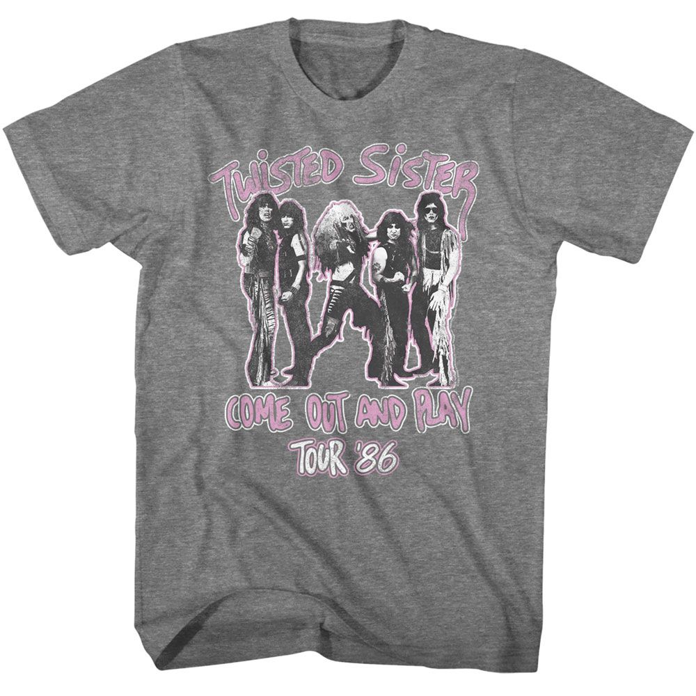 Gray t-shirt with Twisted Sister graphic and 'Come Out and Play Tour '86' text on a grey background