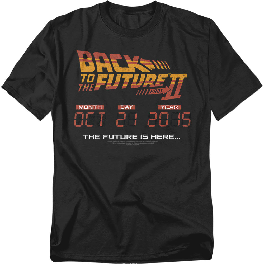 Black Back to the Future Part II t-shirt with digital-style date display showing October 21, 2015 and the tagline “The Future is Here.”