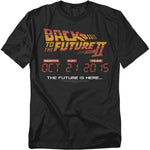 Black Back to the Future Part II t-shirt with digital-style date display showing October 21, 2015 and the tagline “The Future is Here.”