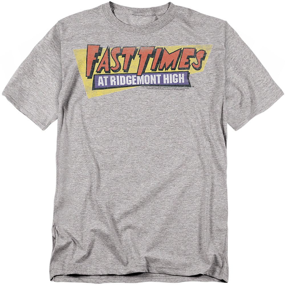 Heather gray t-shirt featuring the bold Fast Times at Ridgemont High logo in red, yellow, and purple across the chest.