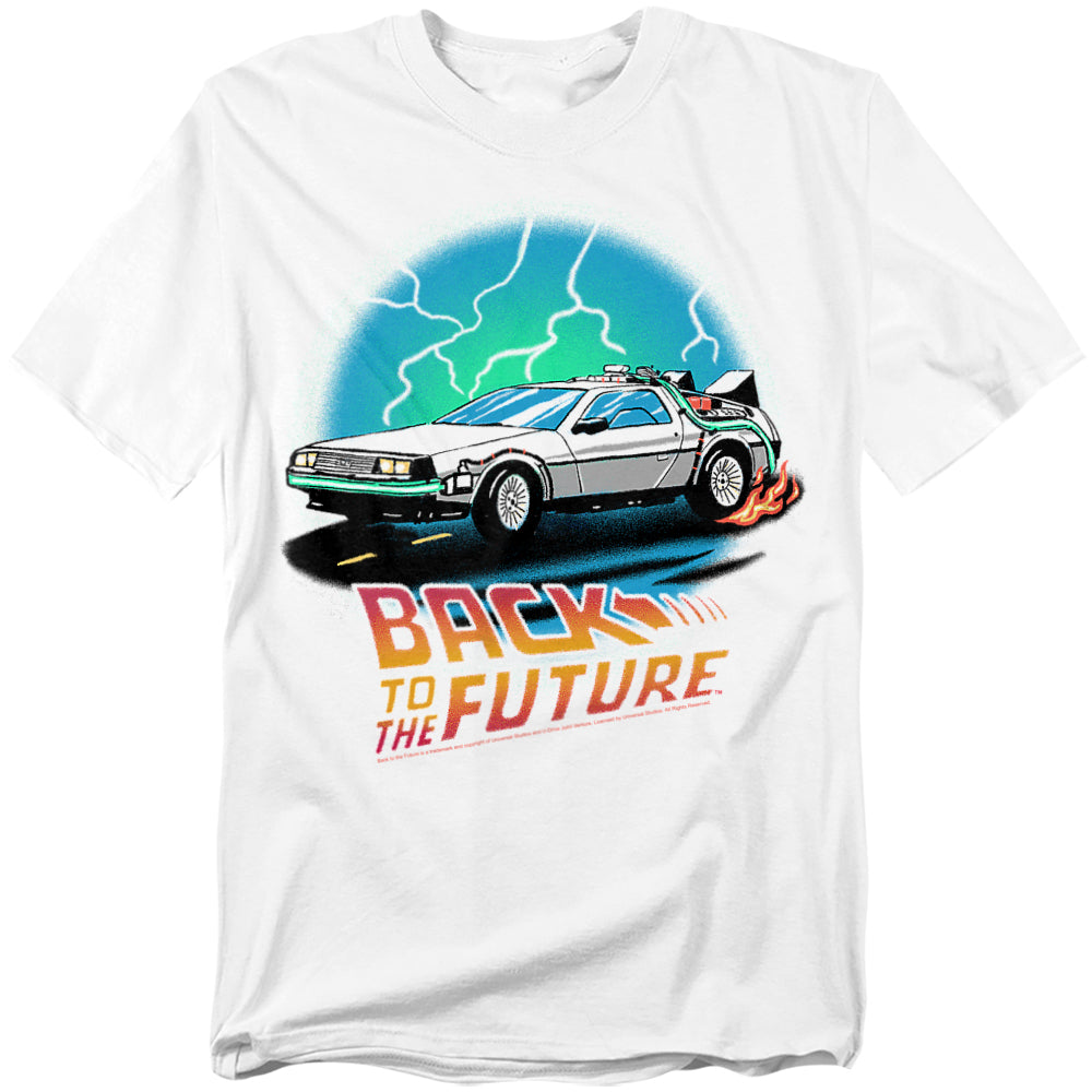 White t-shirt with Back to the Future logo and DeLorean time machine graphic surrounded by lightning bolts.