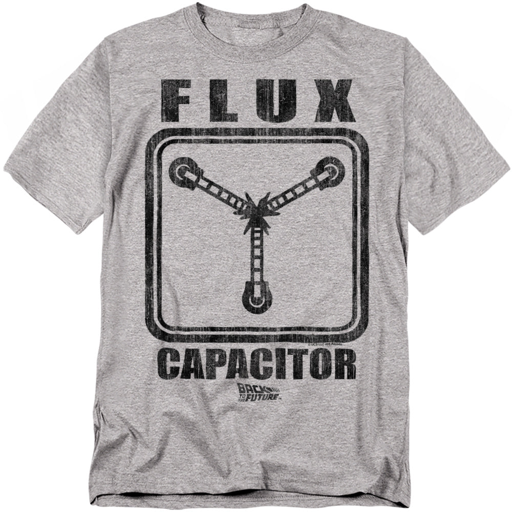 Heather gray t-shirt with a distressed black graphic of the Flux Capacitor and bold text reading “FLUX CAPACITOR” with the Back to the Future logo beneath.