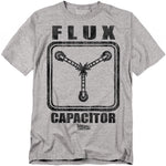 Heather gray t-shirt with a distressed black graphic of the Flux Capacitor and bold text reading “FLUX CAPACITOR” with the Back to the Future logo beneath.