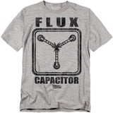 Heather gray t-shirt with a distressed black graphic of the Flux Capacitor and bold text reading “FLUX CAPACITOR” with the Back to the Future logo beneath.