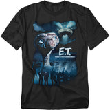 Black t-shirt featuring E.T. looking up at a glowing UFO in the night sky with silhouetted figures below.