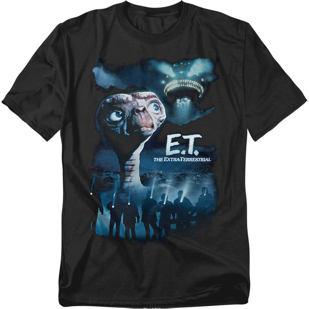 Black t-shirt featuring E.T. looking up at a glowing UFO in the night sky with silhouetted figures below.