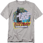 Heather gray t-shirt featuring palm trees, a surfboard, and the quote “All I need are some tasty waves, a cool buzz, and I’m fine” above the Fast Times at Ridgemont High logo.