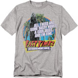 Heather gray t-shirt featuring palm trees, a surfboard, and the quote “All I need are some tasty waves, a cool buzz, and I’m fine” above the Fast Times at Ridgemont High logo.