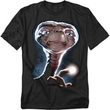 Black t-shirt featuring a large portrait of E.T. with glowing finger illuminated in front.