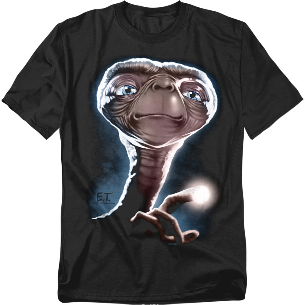 Black t-shirt featuring a large portrait of E.T. with glowing finger illuminated in front.