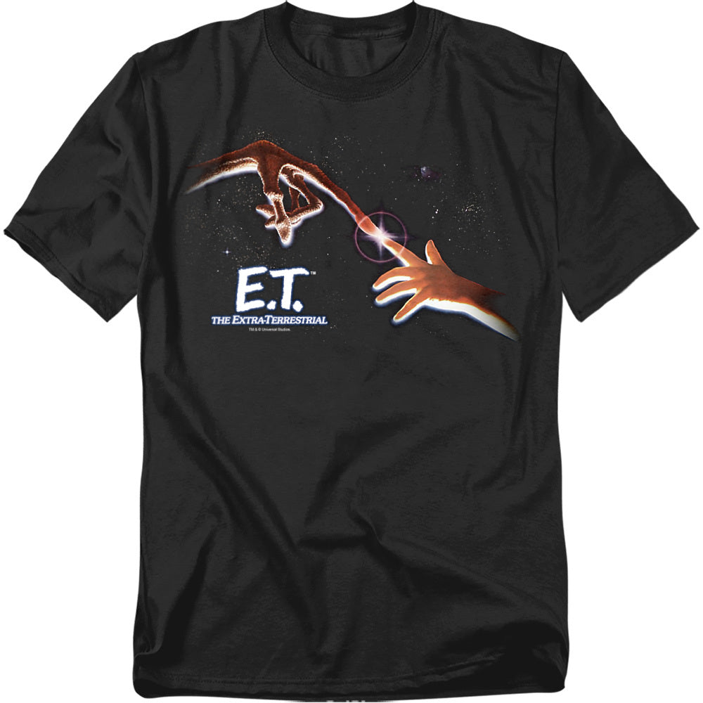 Black t-shirt featuring E.T.’s glowing finger touching Elliott’s hand with the E.T. The Extra-Terrestrial logo beneath.