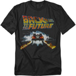 Black t-shirt featuring the Back to the Future logo and the DeLorean car leaving flaming tire tracks as it travels through time.