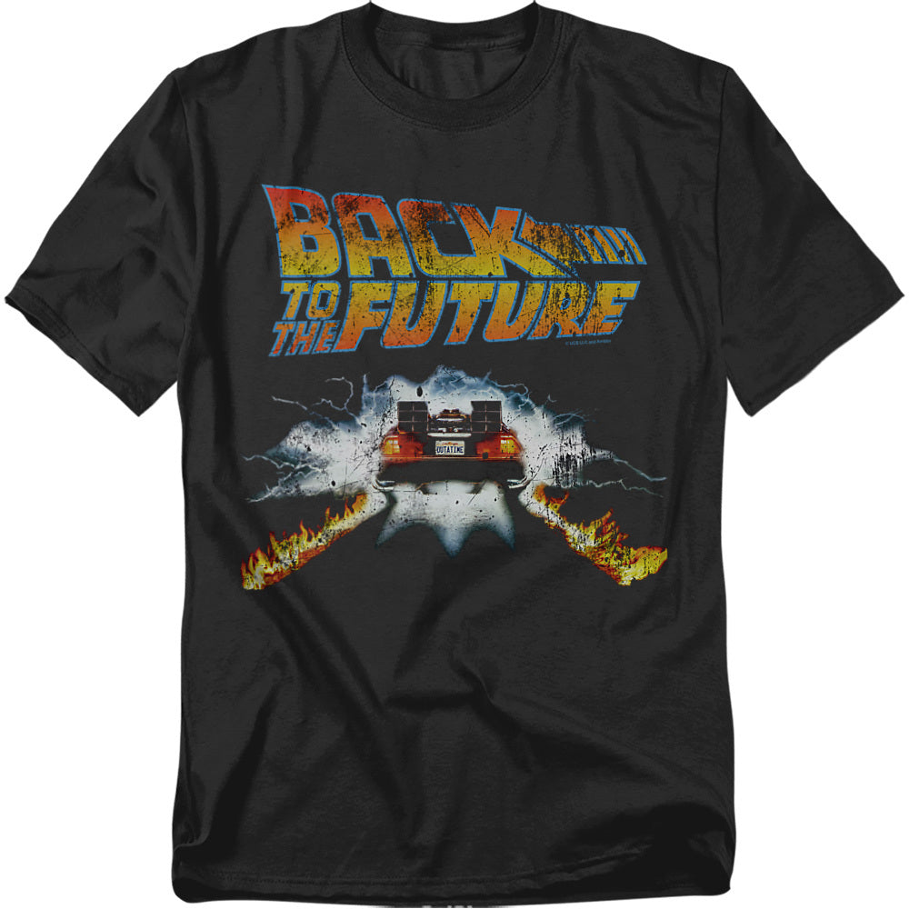 Black t-shirt featuring the Back to the Future logo and the DeLorean car leaving flaming tire tracks as it travels through time.
