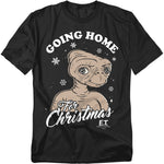 Black t-shirt featuring E.T. with snowflakes and the phrase “Going Home for Christmas.”