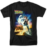 Black t-shirt with Back to the Future movie poster artwork showing Marty McFly standing in front of the DeLorean with flaming tire tracks.