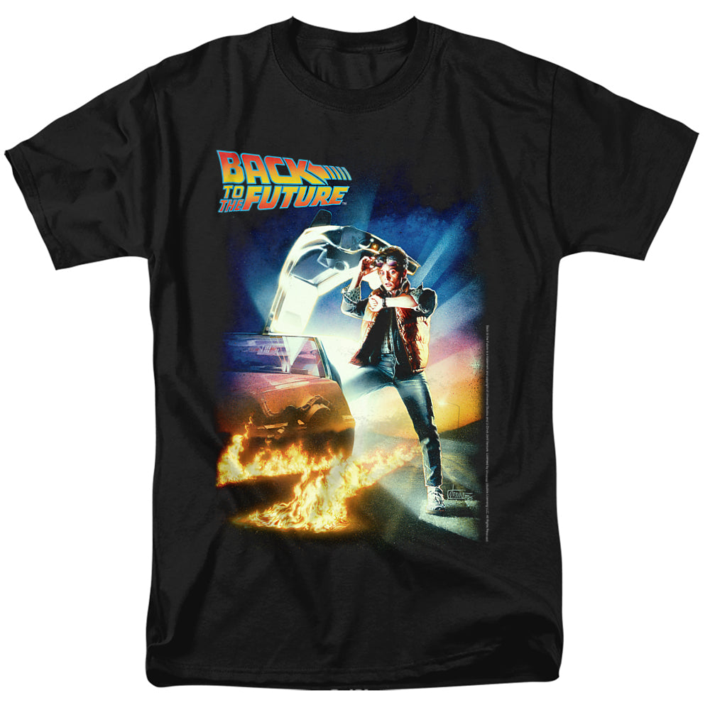 Black t-shirt with Back to the Future movie poster artwork showing Marty McFly standing in front of the DeLorean with flaming tire tracks.