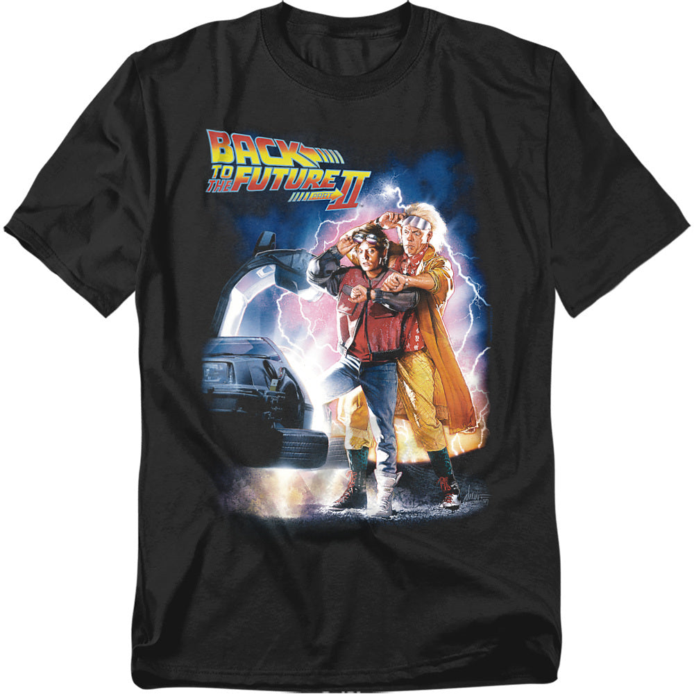 Black t-shirt featuring Back to the Future Part II poster artwork with Marty McFly and Doc Brown standing in front of the DeLorean with lightning in the background.