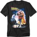 Black t-shirt featuring Back to the Future Part II poster artwork with Marty McFly and Doc Brown standing in front of the DeLorean with lightning in the background.