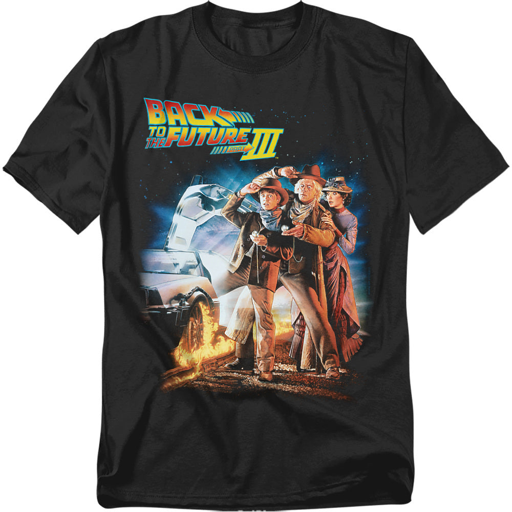 Black t-shirt featuring Back to the Future Part III movie poster artwork with Marty McFly, Doc Brown, Clara Clayton, and the DeLorean on train tracks.