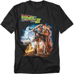 Black t-shirt featuring Back to the Future Part III movie poster artwork with Marty McFly, Doc Brown, Clara Clayton, and the DeLorean on train tracks.
