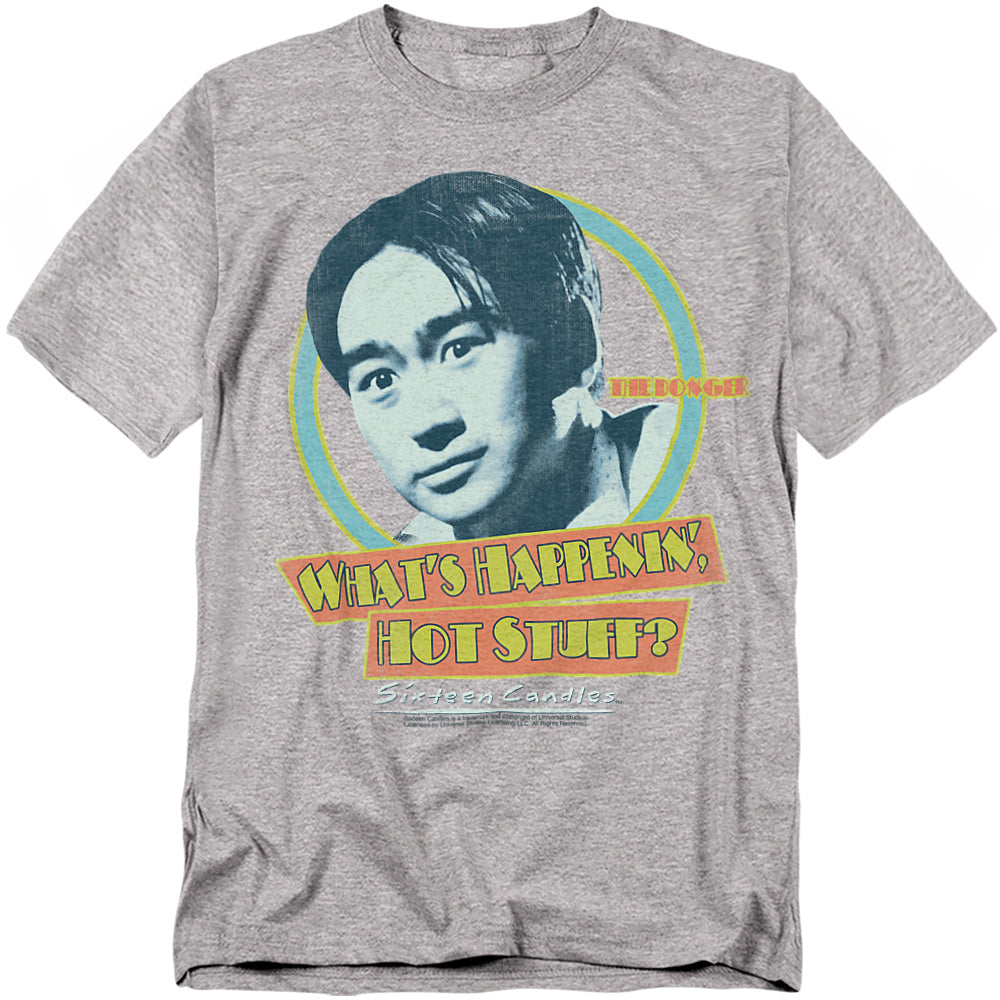 Heather grey T-shirt with Sixteen Candles Long Duk Dong “What’s Happenin’, Hot Stuff?” graphic.