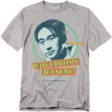 Heather grey T-shirt with Sixteen Candles Long Duk Dong “What’s Happenin’, Hot Stuff?” graphic.