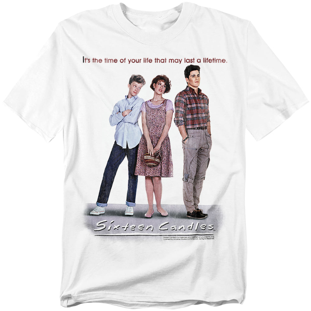 White t-shirt featuring characters from Sixteen Candles: Ted, Samantha, and Jake standing together with the movie’s tagline above and title below.