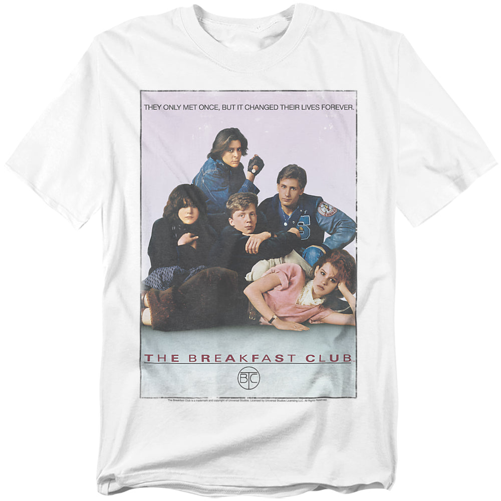 White t-shirt featuring the cast of The Breakfast Club — five high school students from different cliques sitting together, with the film’s tagline above and title below.