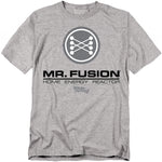Gray t-shirt with 'Mr. Fusion' graphic and text on a white background