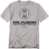 Gray t-shirt with 'Mr. Fusion' graphic and text on a white background