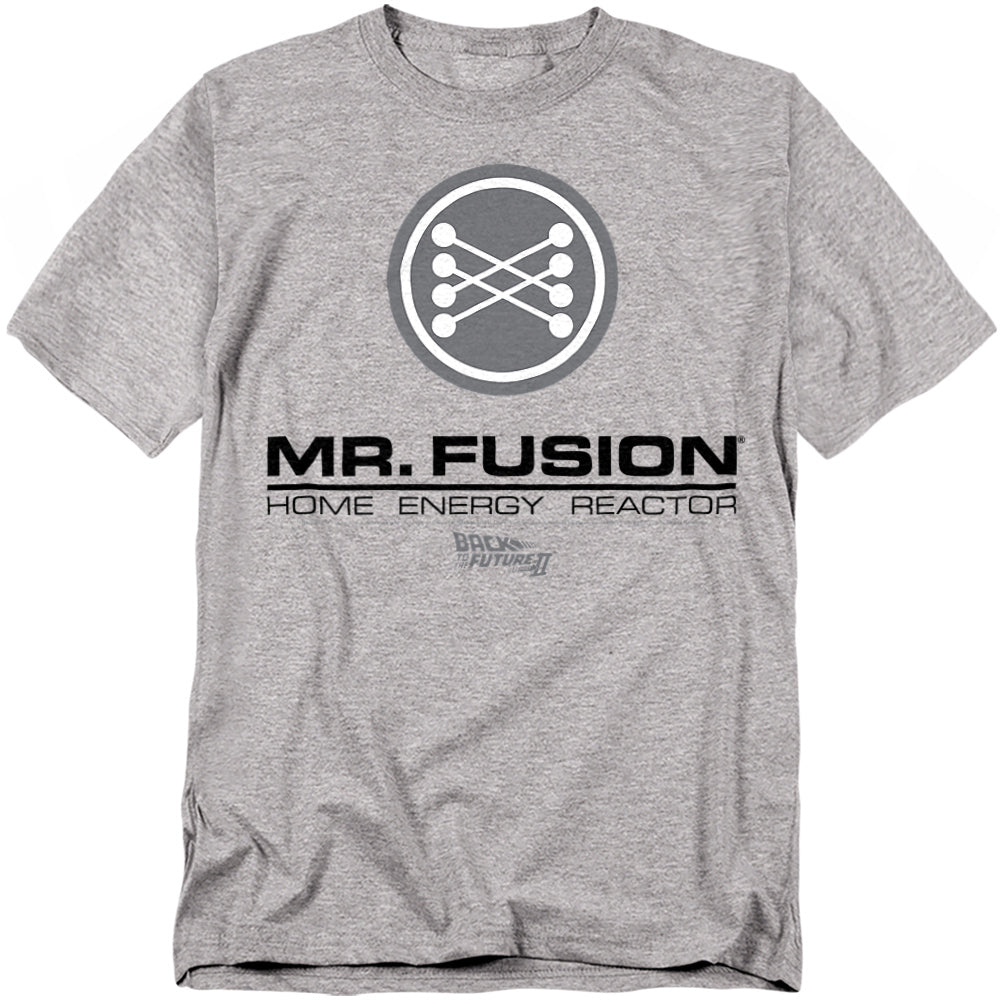 Gray t-shirt with 'Mr. Fusion' graphic and text on a white background