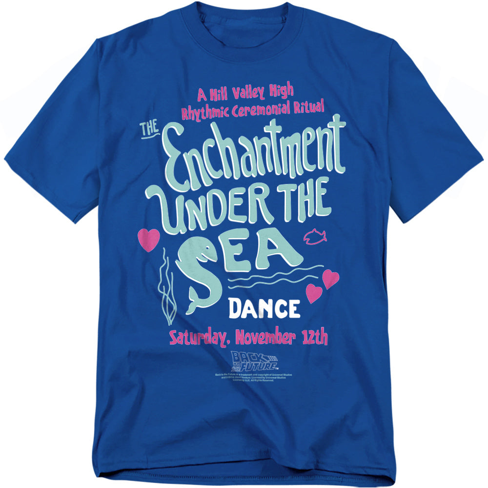 Blue t-shirt with 'Enchantment Under the Sea' text and graphics on a white background