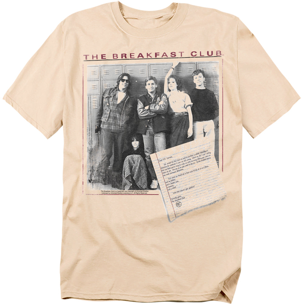 Beige t-shirt featuring the cast of The Breakfast Club standing against school lockers, with the essay letter from the movie printed at the bottom corner.