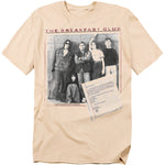 Beige t-shirt featuring the cast of The Breakfast Club standing against school lockers, with the essay letter from the movie printed at the bottom corner.