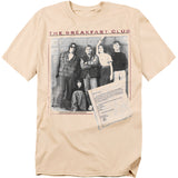 Beige t-shirt featuring the cast of The Breakfast Club standing against school lockers, with the essay letter from the movie printed at the bottom corner.